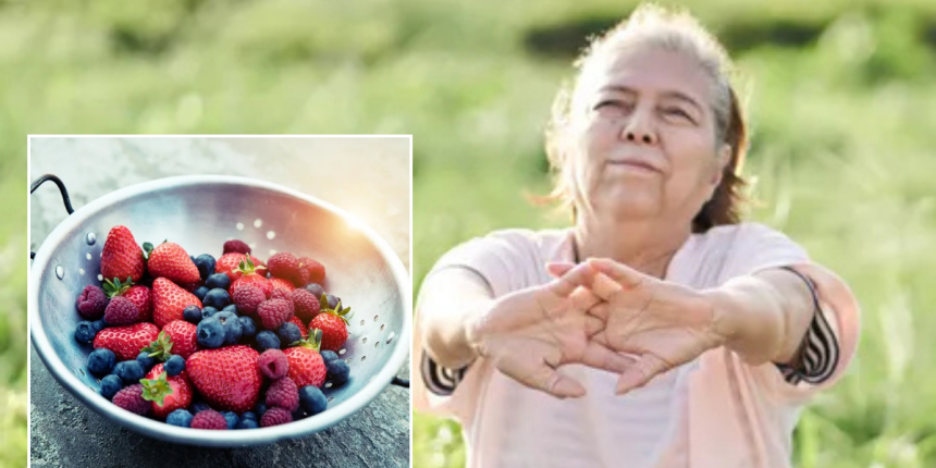 berries in bowl woman stretching