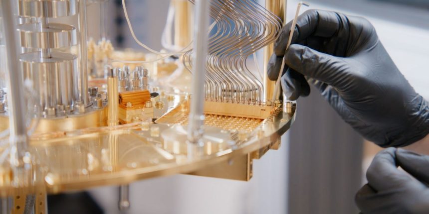 Servicing coaxial wiring inside a dilution refrigerator at the AWS Center for Quantum Computing in P