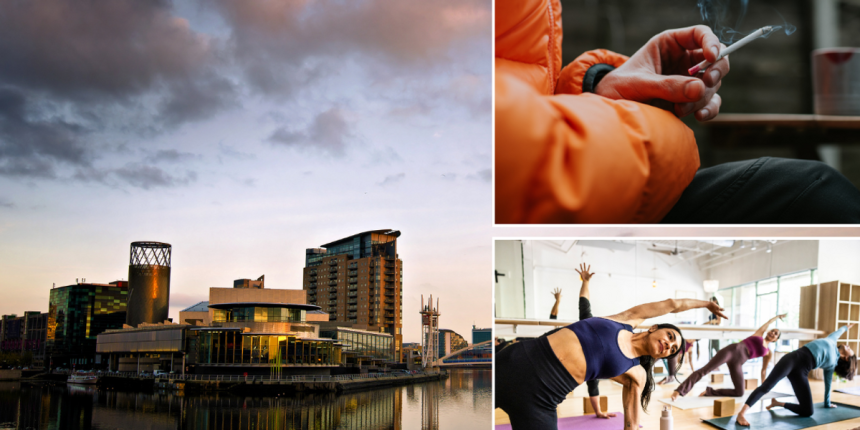 a pilates class in a light airy studio a man holding a cigarette wearing an orange puffer coat an im