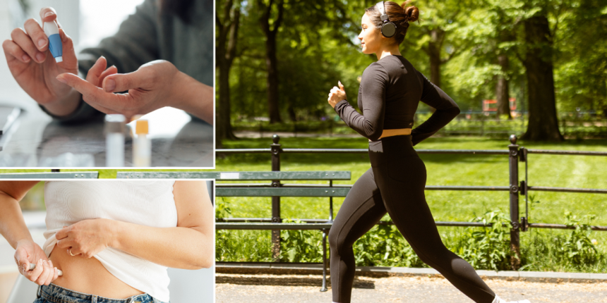 person testing blood sugar levels woman injecting insulin woman going for a run