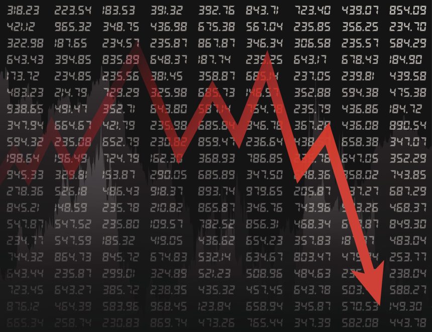 red down arrow on a black backdrop of tickertape prices