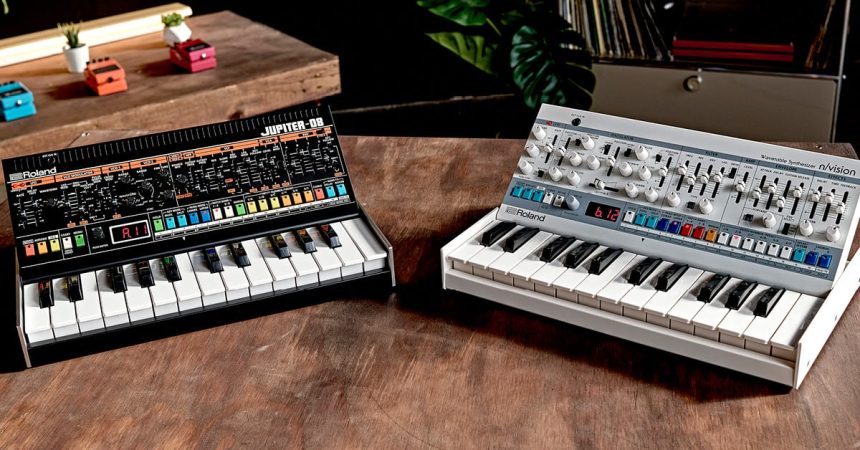 Roland JUPITER-08 and n/vision Boutique synthesizers with K-25m keyboard dock