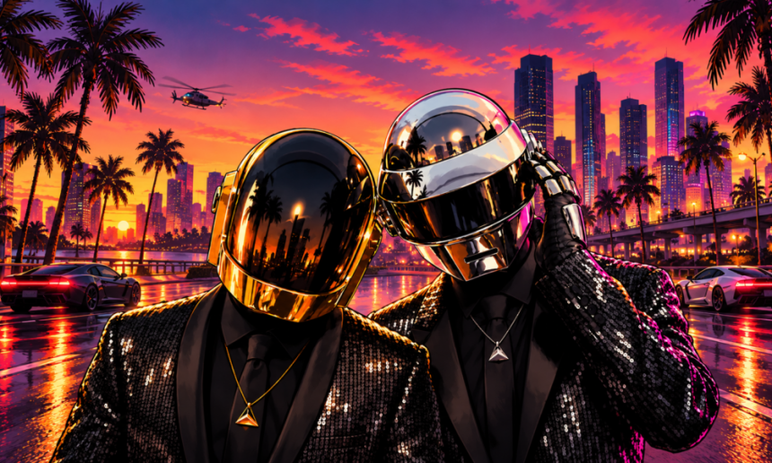 Daft Punk robot helmets alongside GTA VI Vice City artwork