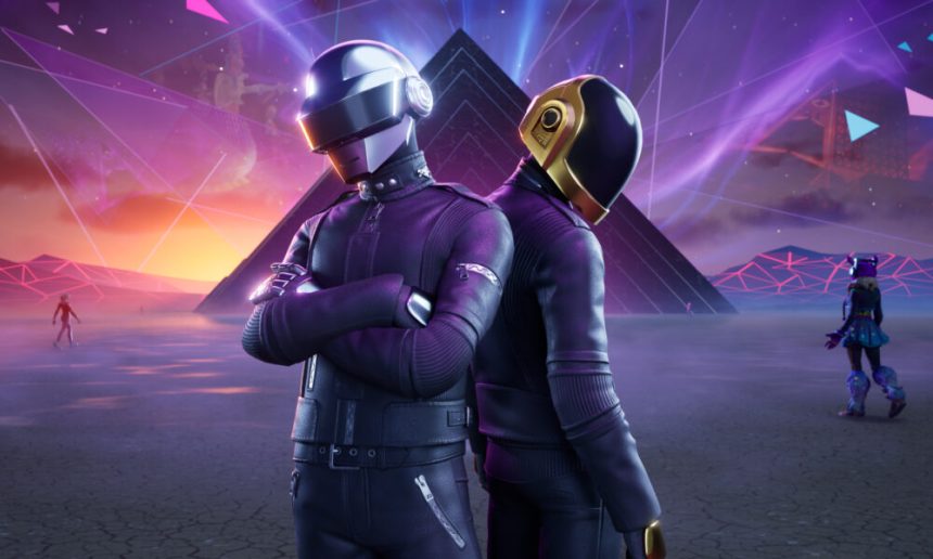 Daft Punk robot helmets alongside GTA VI Vice City artwork